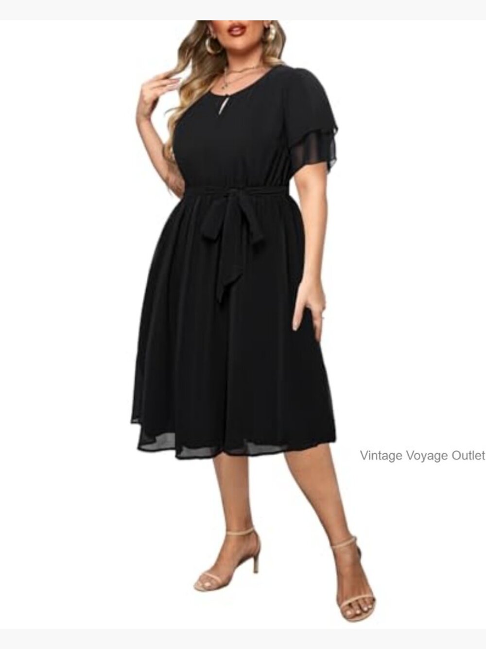 Plus Size Chiffon Cocktail Dresses - Keyhole Neck Midi Work Occasion - Picture 2 of 7